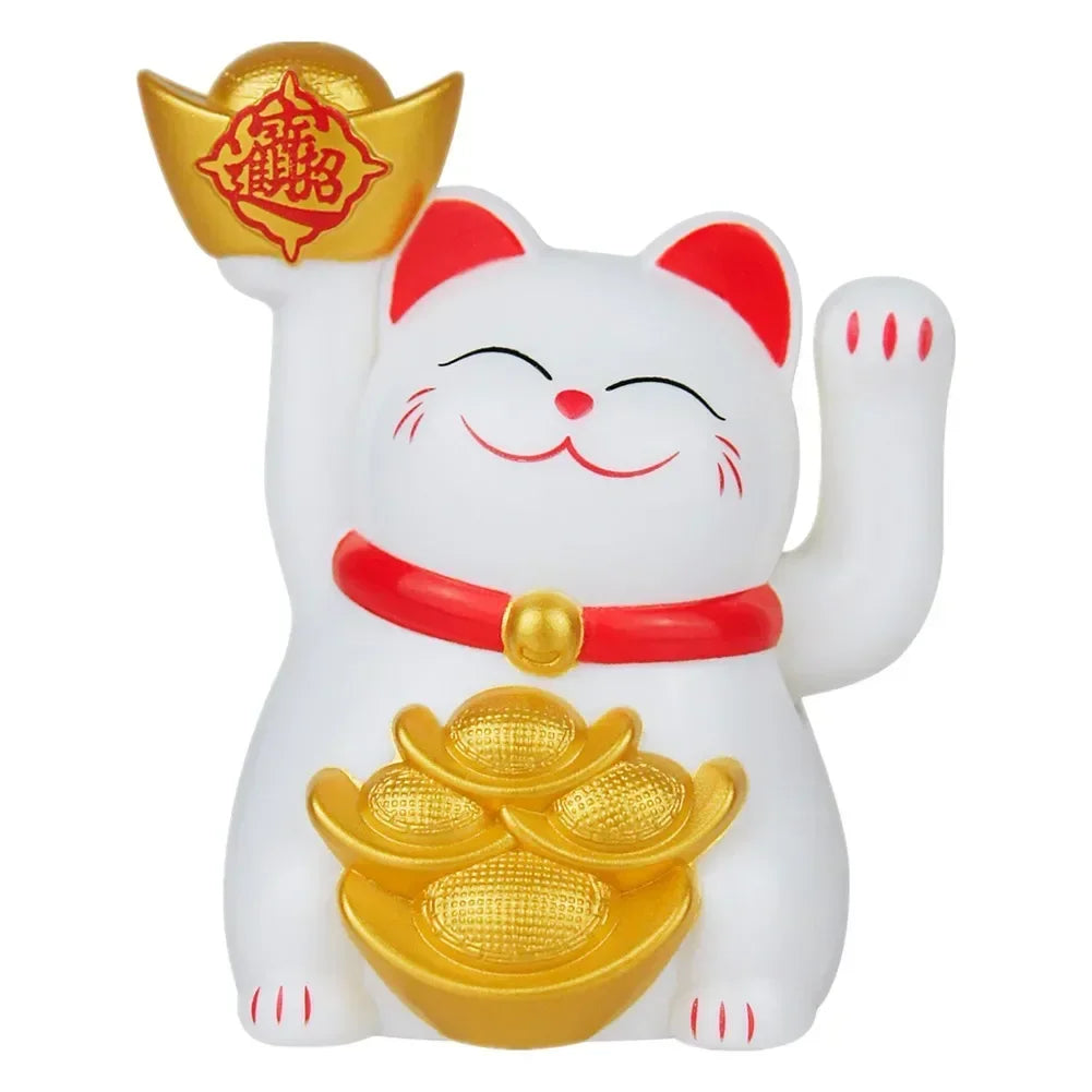 Maneki Neko Golden Lucky Cat Solar Powered Waving Figurine - Feng Shui Fortune & Wealth | Buddhive