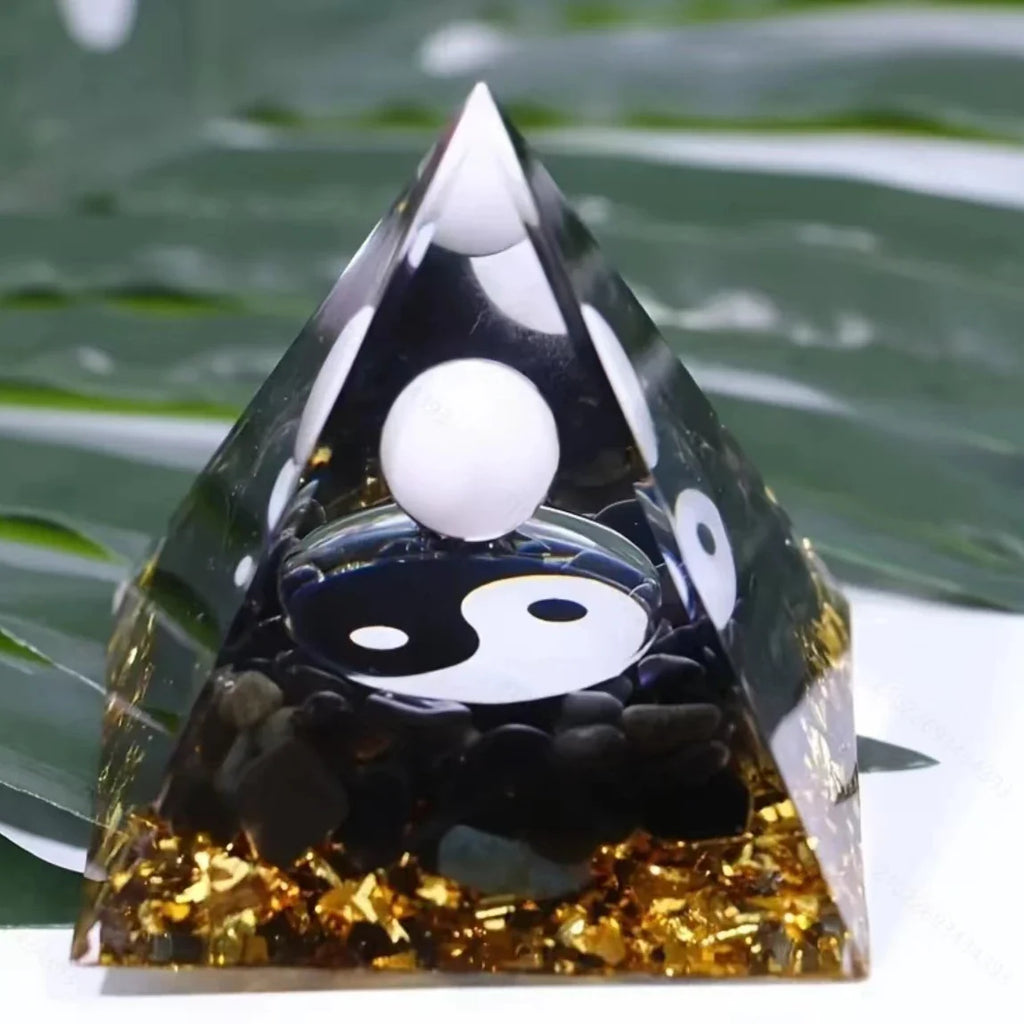 Orgonite Pyramid Yin Yang with White Sphere - Energy Harmonizer Feng Shui Decor | Buddhive