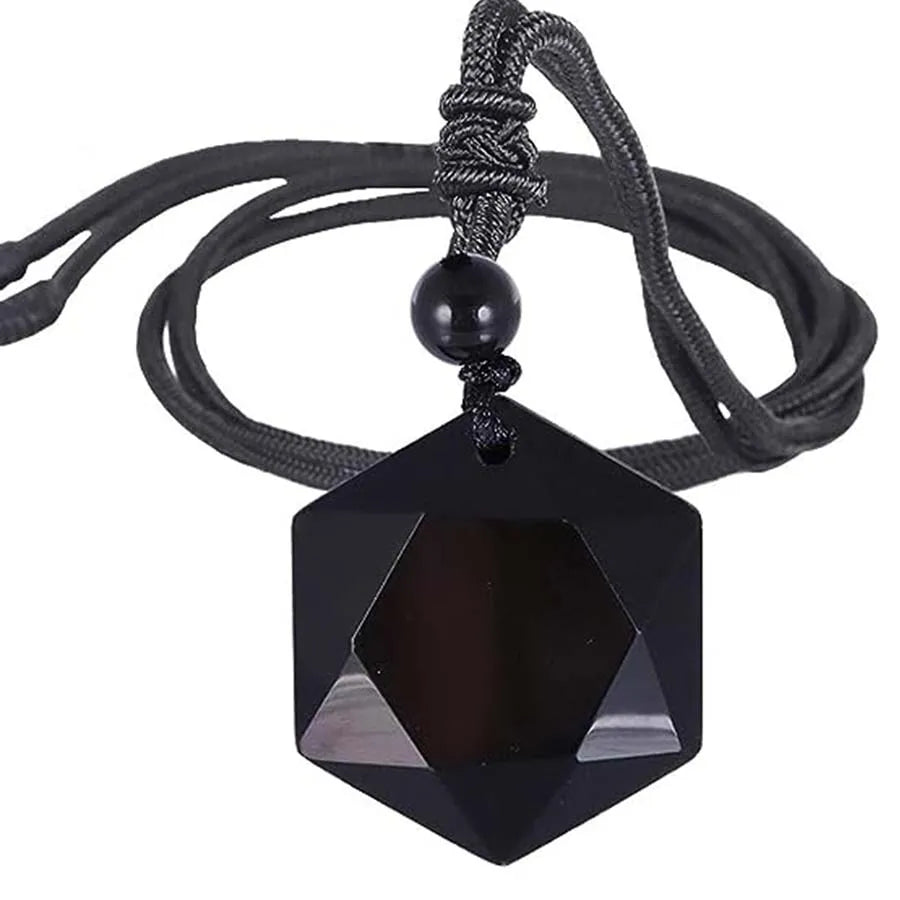 Black Agate Necklace Hexagonal Natural Stone Buddhist Pendant | Buddhive