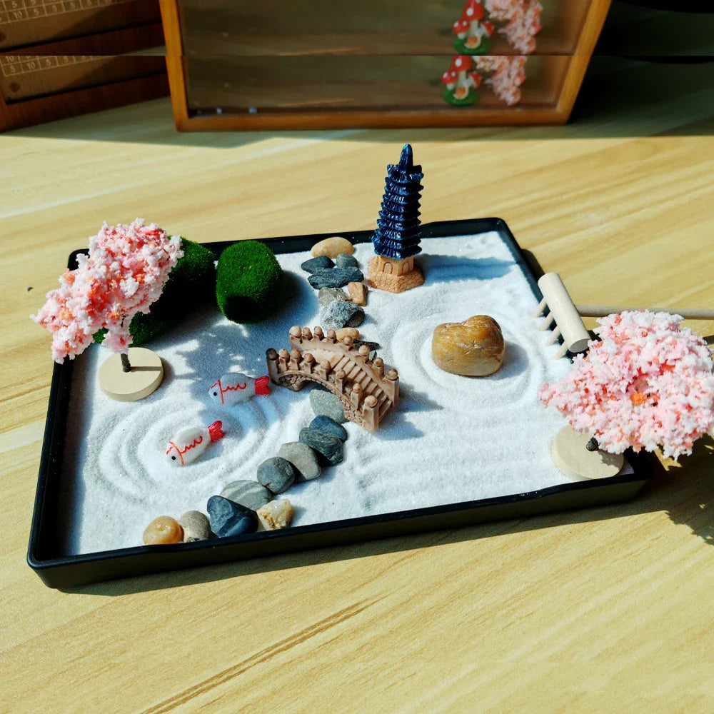 Mini Zen Garden Japanese with Cherry Blossoms & Pagoda - Desktop Meditation Kit | Buddhive