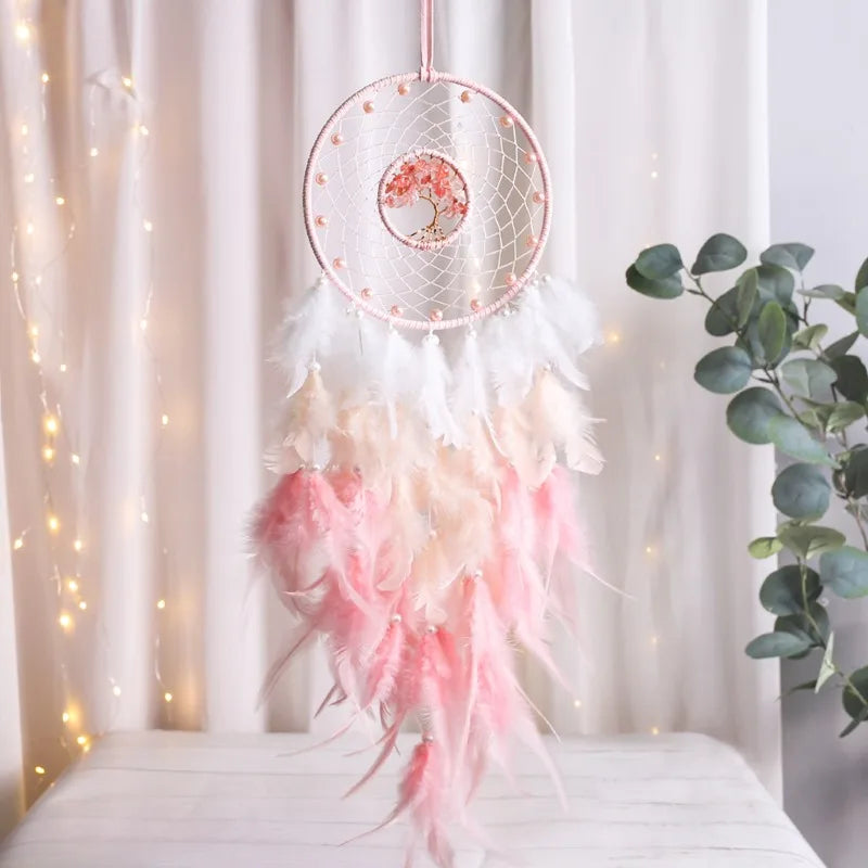 White and Pink Dream Catcher - Handwoven Textile Boho Wall Decor for Bedroom | Buddhive