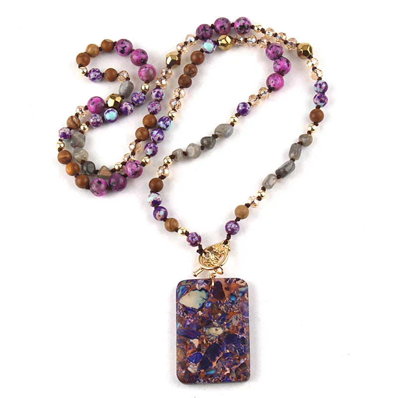 Purple Gemstone Necklace - Rectangular Natural Stone Pendant - Buddhist Jewelry | Buddhive