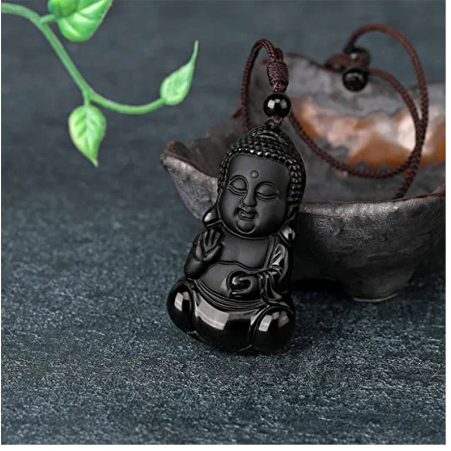 Obsidian Buddha Pendant Necklace - Copper & Black Stone - Protection Amulet | Buddhive