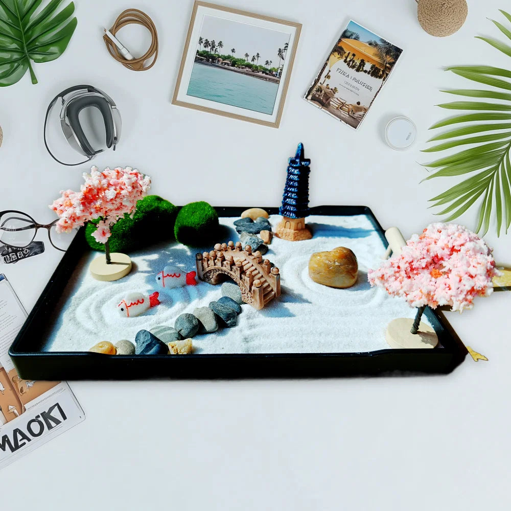 Mini Zen Garden Japanese with Cherry Blossoms & Pagoda - Desktop Meditation Kit | Buddhive