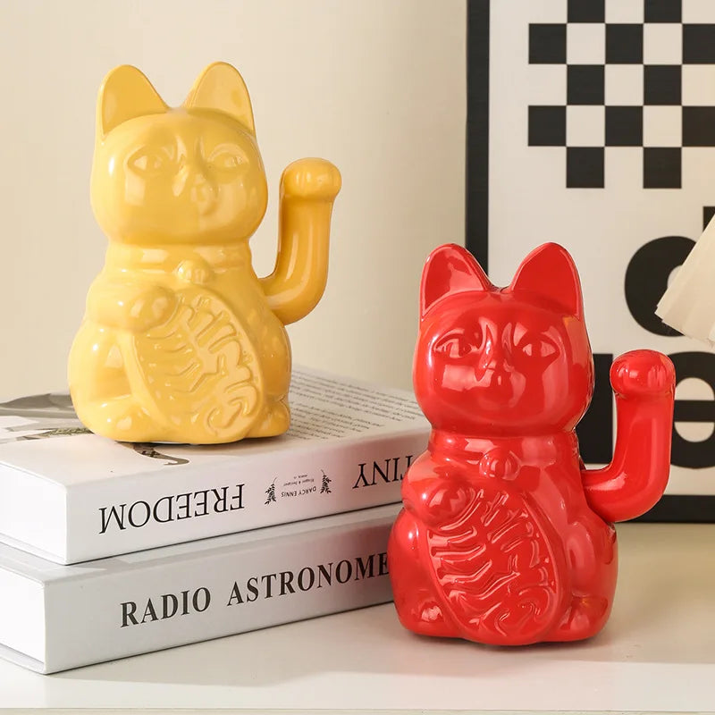 Maneki Neko Lucky Cat Ceramic Figurine - Animated Waving Paw Feng Shui Decor | Buddhive