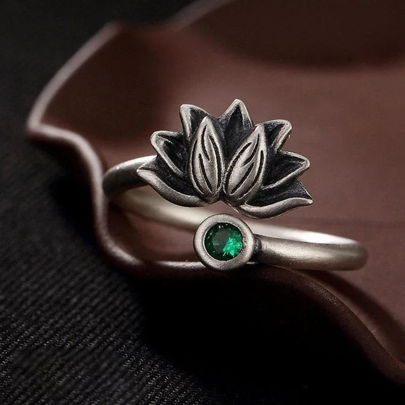 Lotus Ring for Women - Silver Plated Chalcedony Crystal Buddhist Jewelry | Buddhive