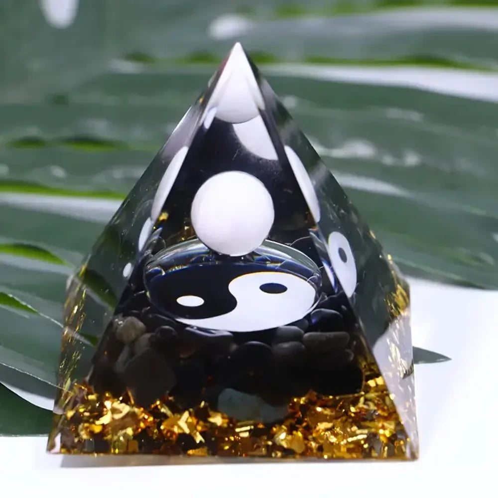 Orgonite Pyramid Yin Yang with White Sphere - Energy Harmonizer Feng Shui Decor | Buddhive