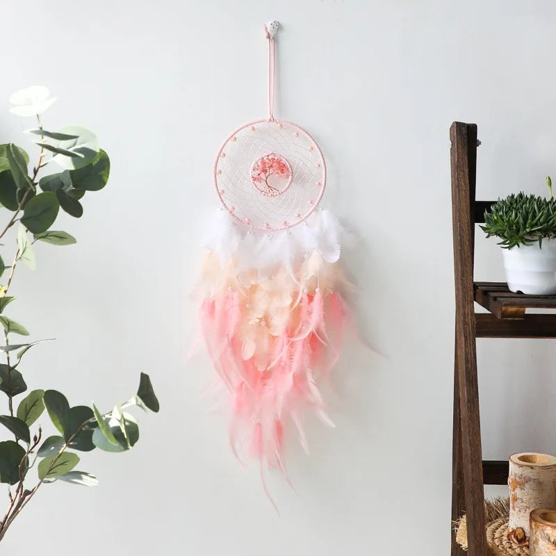 White and Pink Dream Catcher - Handwoven Textile Boho Wall Decor for Bedroom | Buddhive