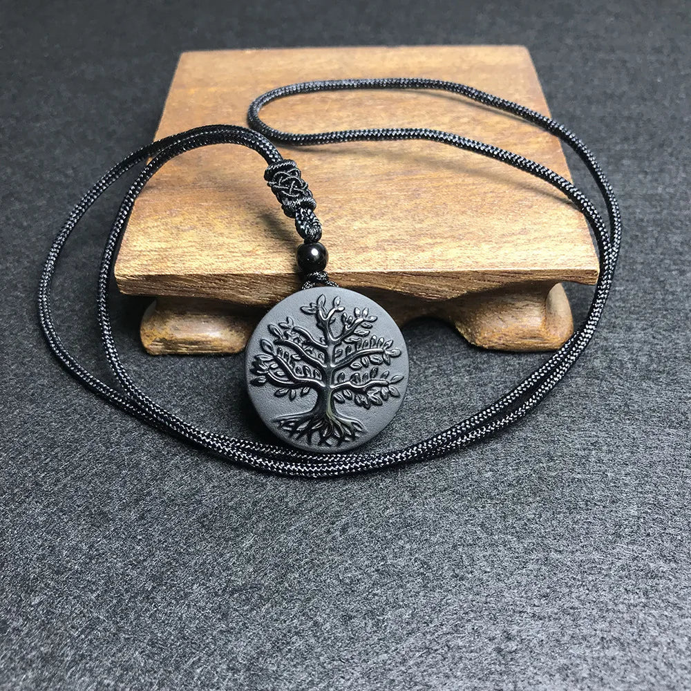 Tree of Life Obsidian Pendant - Natural Stone Buddhist Necklace 30mm | Buddhive