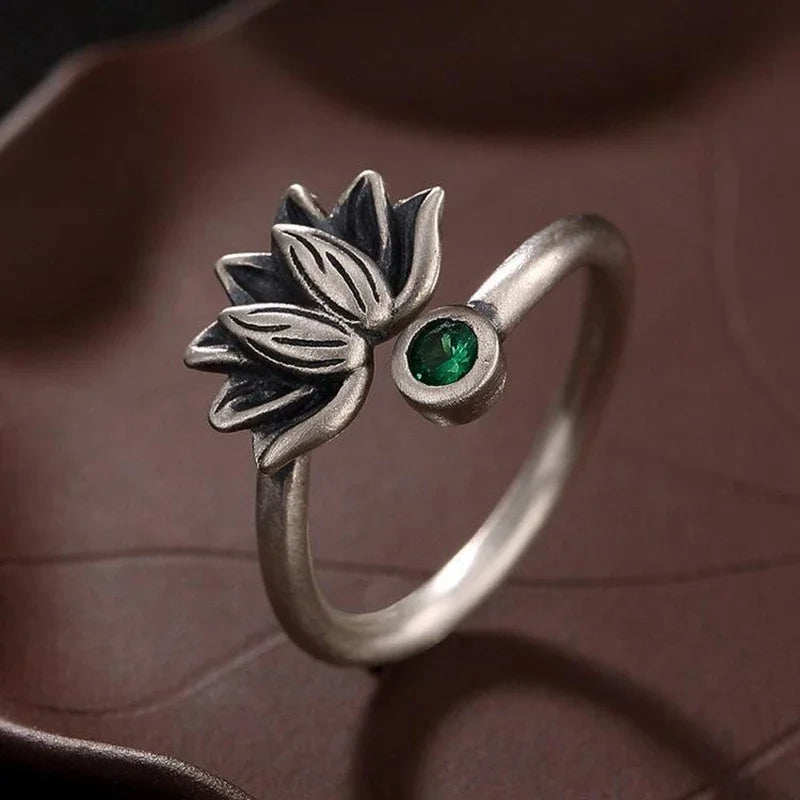 Lotus Ring for Women - Silver Plated Chalcedony Crystal Buddhist Jewelry | Buddhive