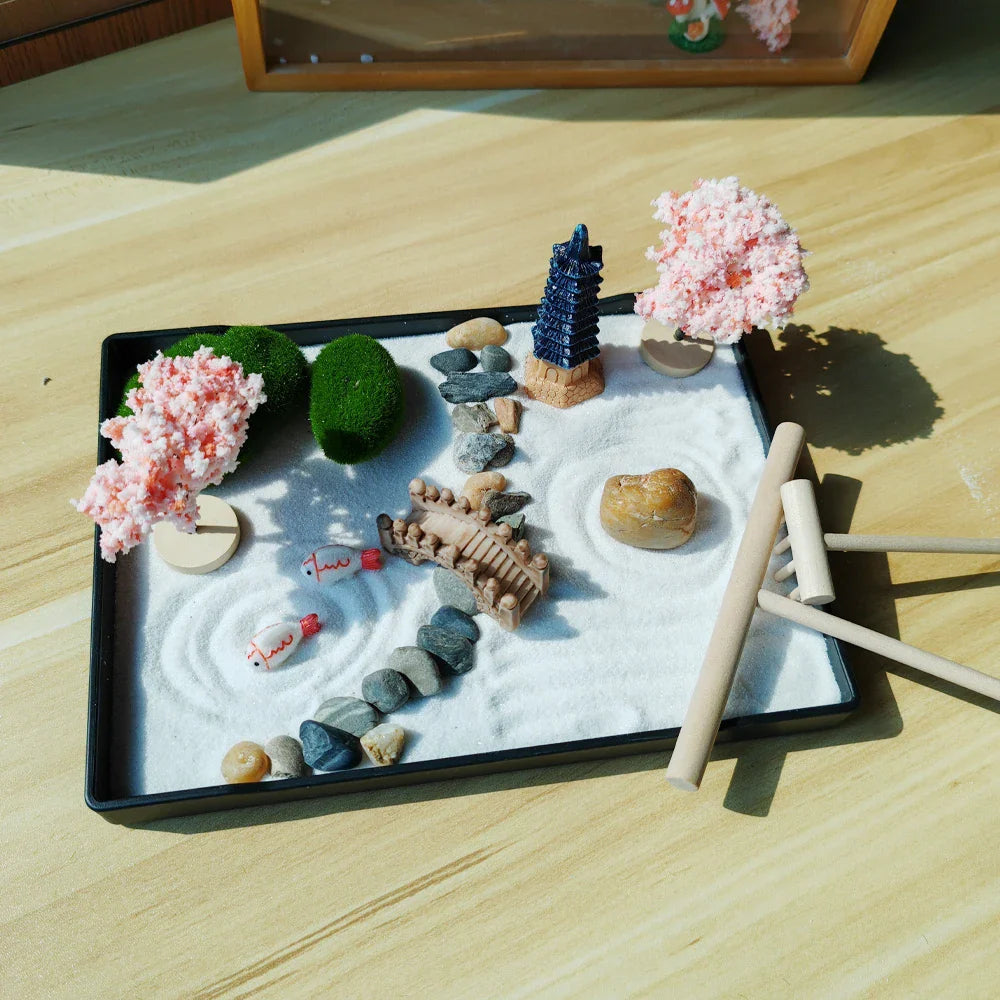 Mini Zen Garden Japanese with Cherry Blossoms & Pagoda - Desktop Meditation Kit | Buddhive