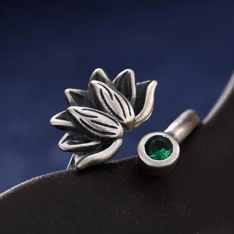 Lotus Ring for Women - Silver Plated Chalcedony Crystal Buddhist Jewelry | Buddhive