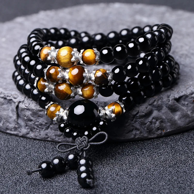 Mala Beads Tiger's Eye & Black Obsidian - 108 Prayer Beads for Protection & Meditation | Buddhive