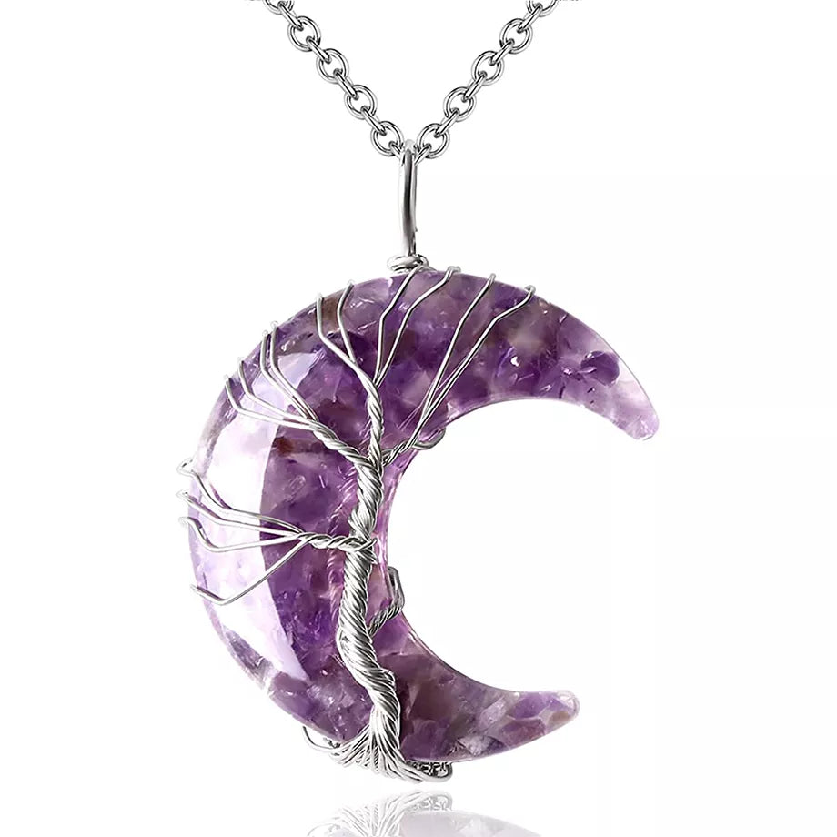7 Chakra Necklace Tree of Life with Natural Stone Crescent Moon | Buddhive
