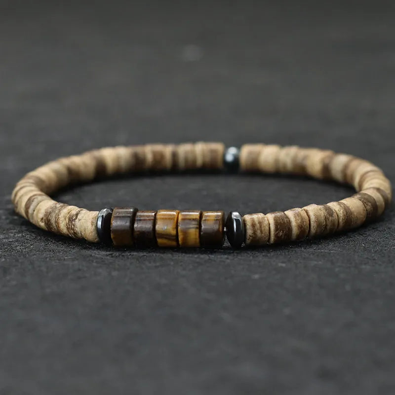 Tibetan Tiger Eye Wood Bracelet - Buddhist Prayer Beads for Protection & Strength | Buddhive