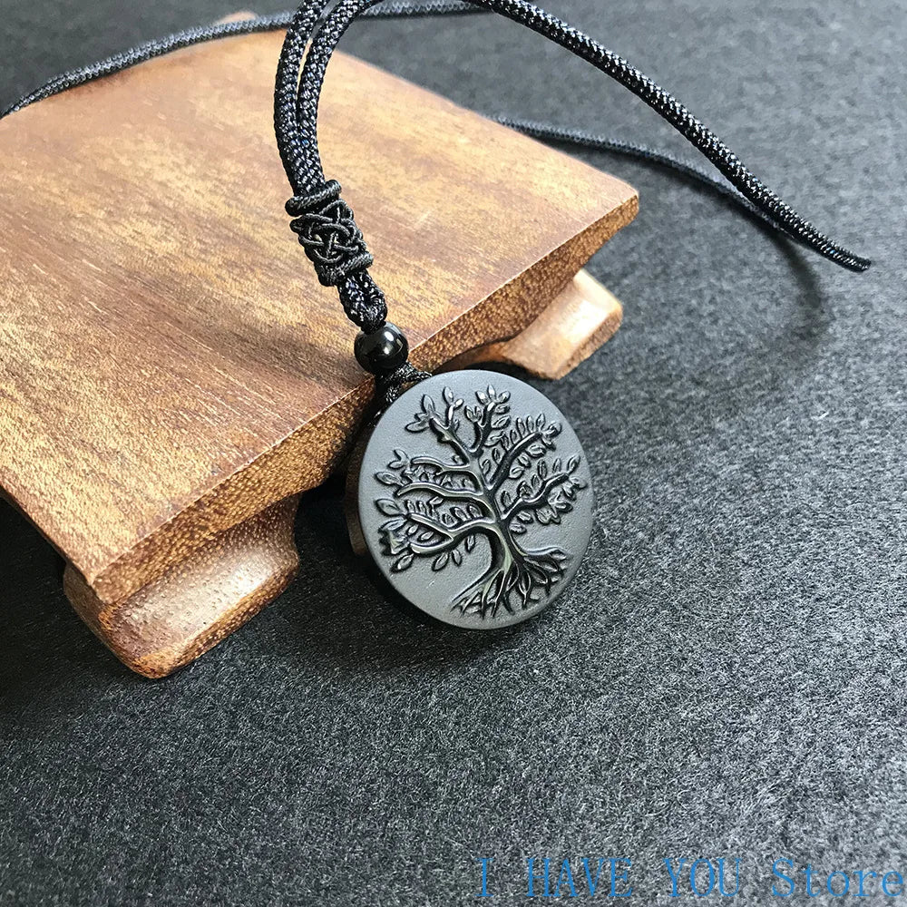 Tree of Life Obsidian Pendant - Natural Stone Buddhist Necklace 30mm | Buddhive