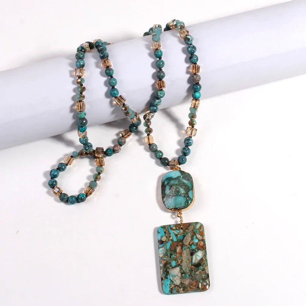 Green Crystal Necklace Rectangular Gemstone Pendant - Natural Stone Buddhist Jewelry | Buddhive