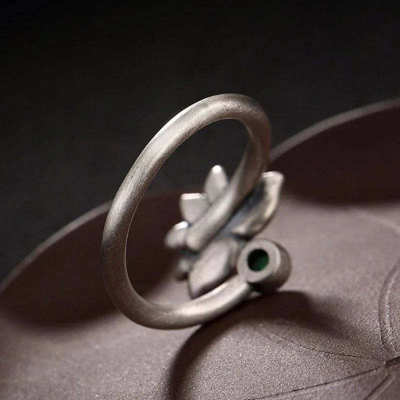Lotus Ring for Women - Silver Plated Chalcedony Crystal Buddhist Jewelry | Buddhive