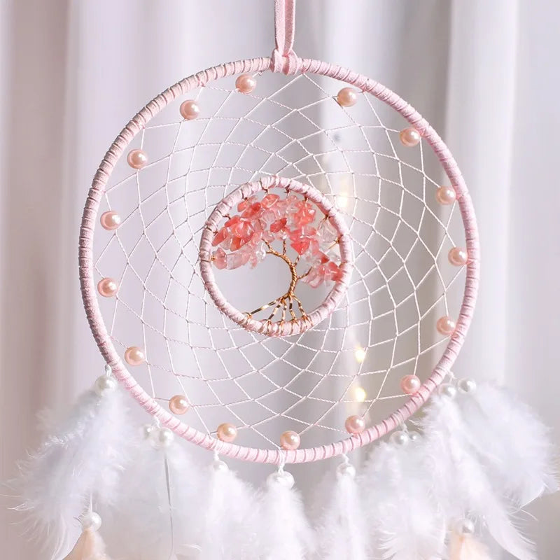 White and Pink Dream Catcher - Handwoven Textile Boho Wall Decor for Bedroom | Buddhive