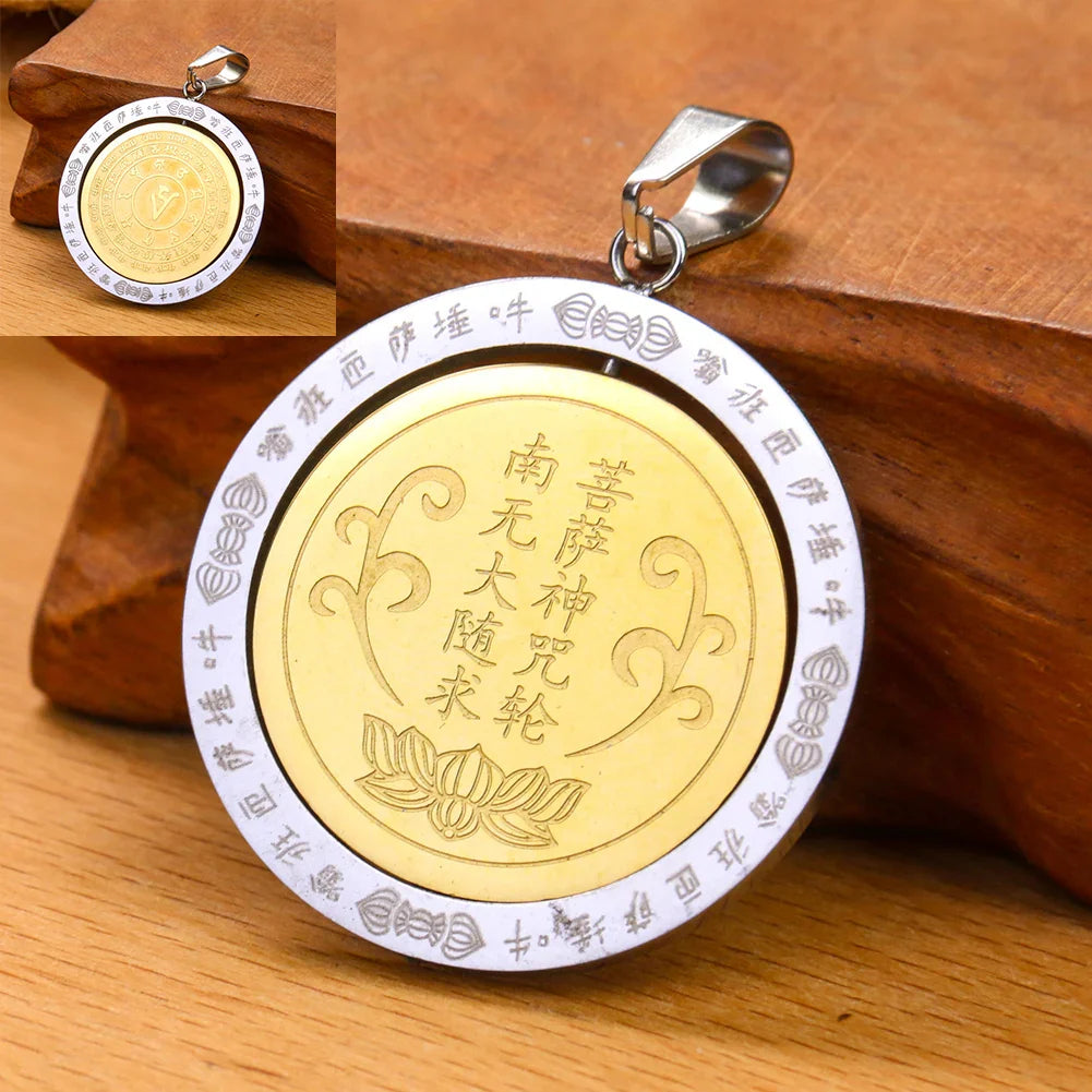 Buddhist Om Amulet Pendant - Round Gold Metal Tibetan Symbol Necklace | Buddhive