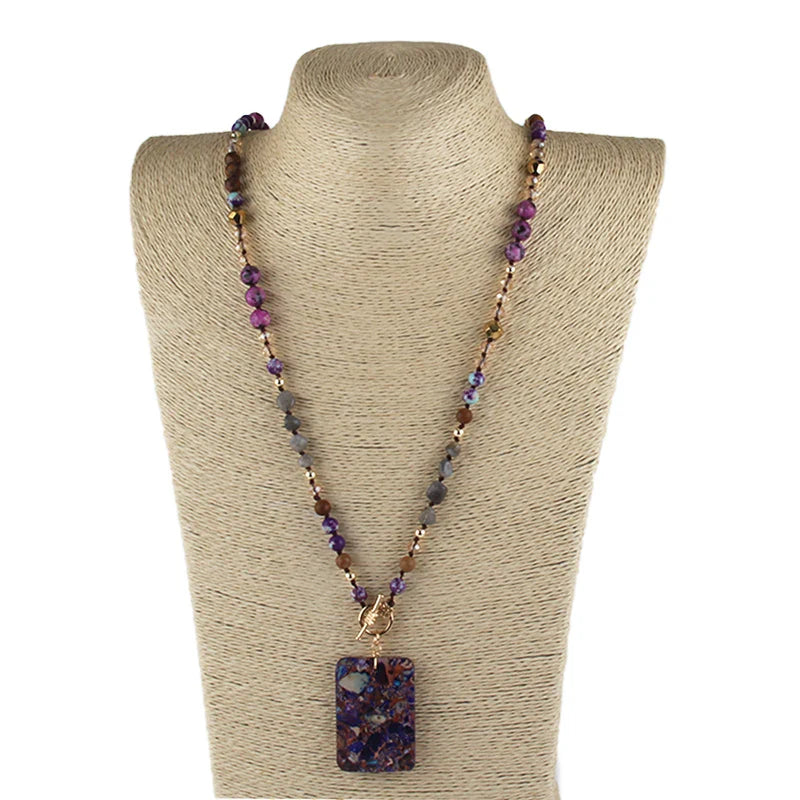 Purple Gemstone Necklace - Rectangular Natural Stone Pendant - Buddhist Jewelry | Buddhive