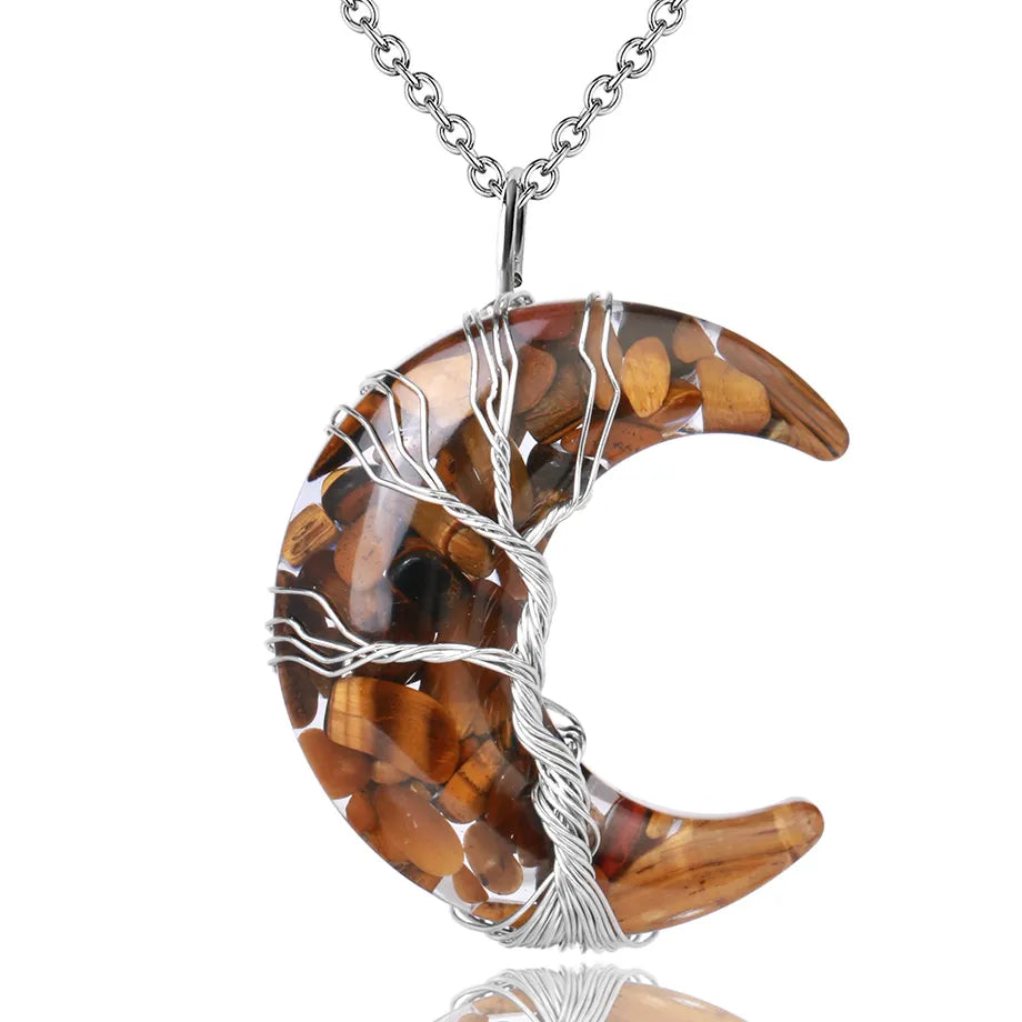 7 Chakra Necklace Tree of Life with Natural Stone Crescent Moon | Buddhive