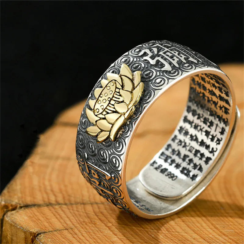 Buddhist Open Ring Sterling Silver Adjustable Band | Spiritual Jewelry for Men | Buddhive