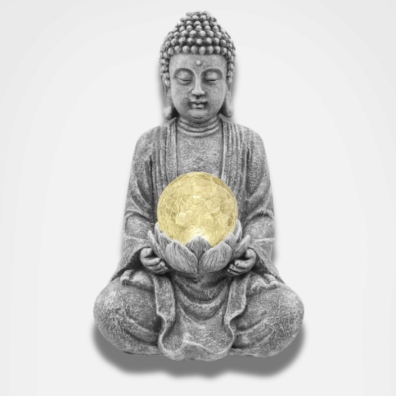 Solar Buddha Statue with Glass Orb - Garden Meditation Sculpture with Lotus Flower | Buddhive