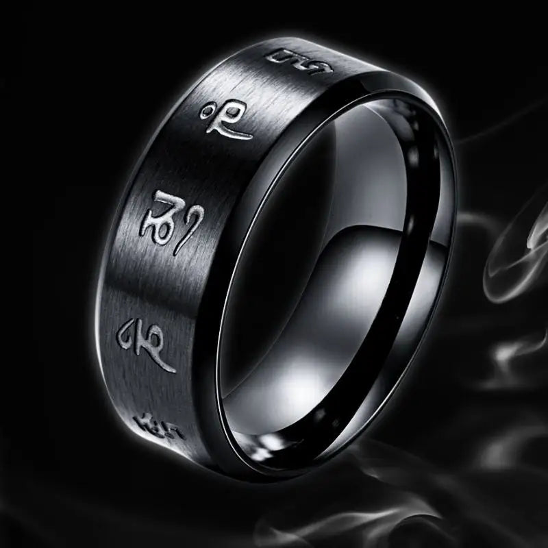 Buddhist Ring Men Stainless Steel 8mm Band - Spiritual Meditation Jewelry | Buddhive