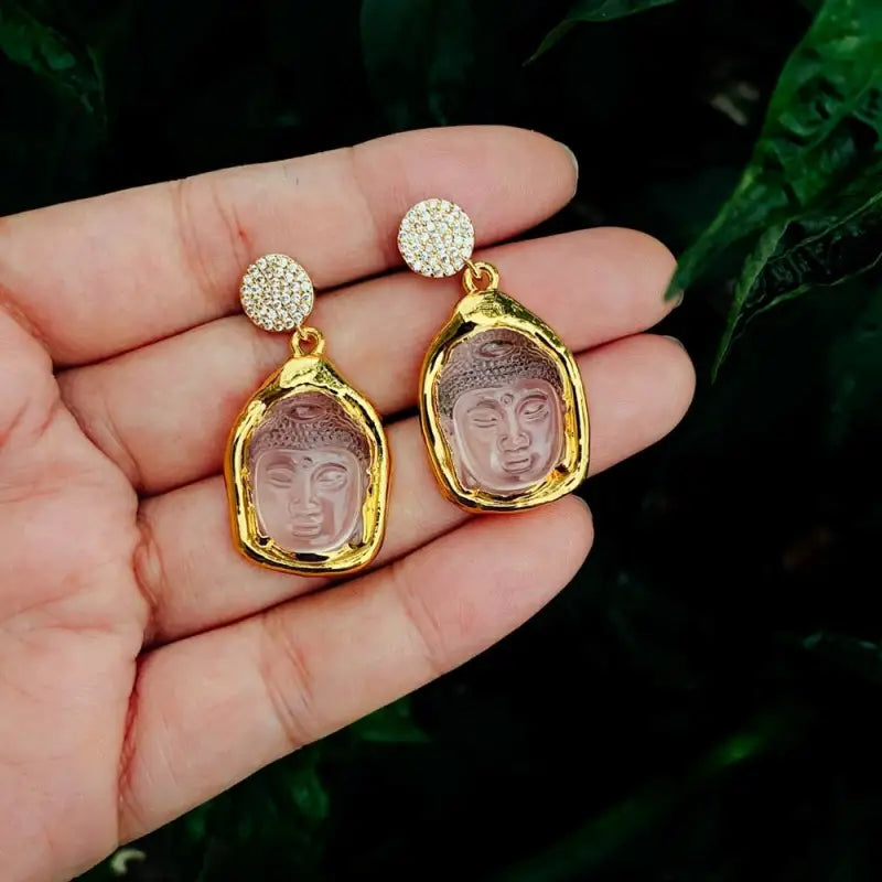 Buddha Earrings Gold Quartz - Rose Quartz Dangle Buddhist Jewelry for Women | Buddhive