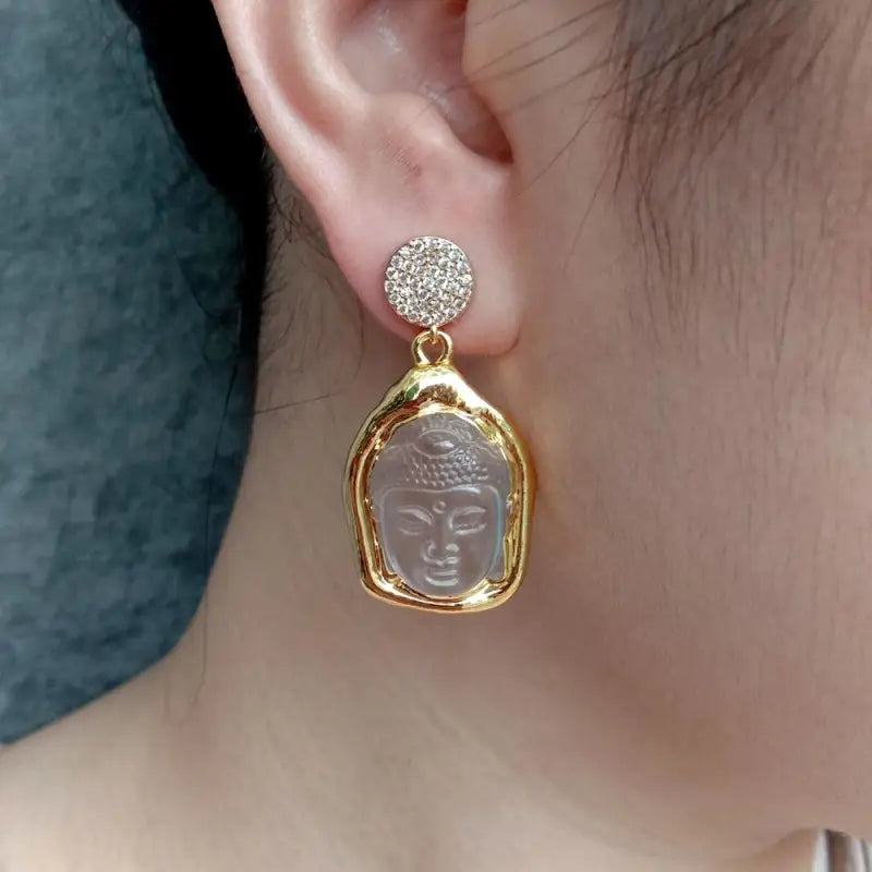 Buddha Earrings Gold Quartz - Rose Quartz Dangle Buddhist Jewelry for Women | Buddhive