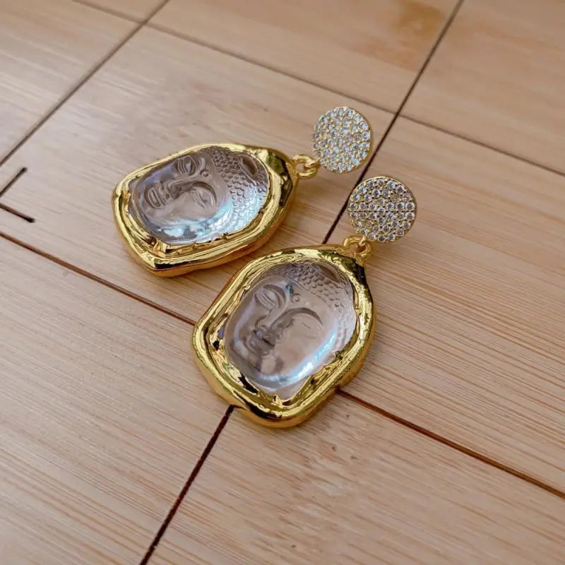 Buddha Earrings Gold Quartz - Rose Quartz Dangle Buddhist Jewelry for Women | Buddhive