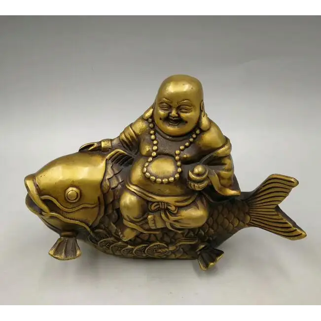 Laughing Buddha Statue with Koi Fish - Bronze Resin 8" Feng Shui Decor | Buddhive