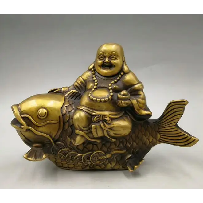 Laughing Buddha Statue with Koi Fish - Bronze Resin 8" Feng Shui Decor | Buddhive