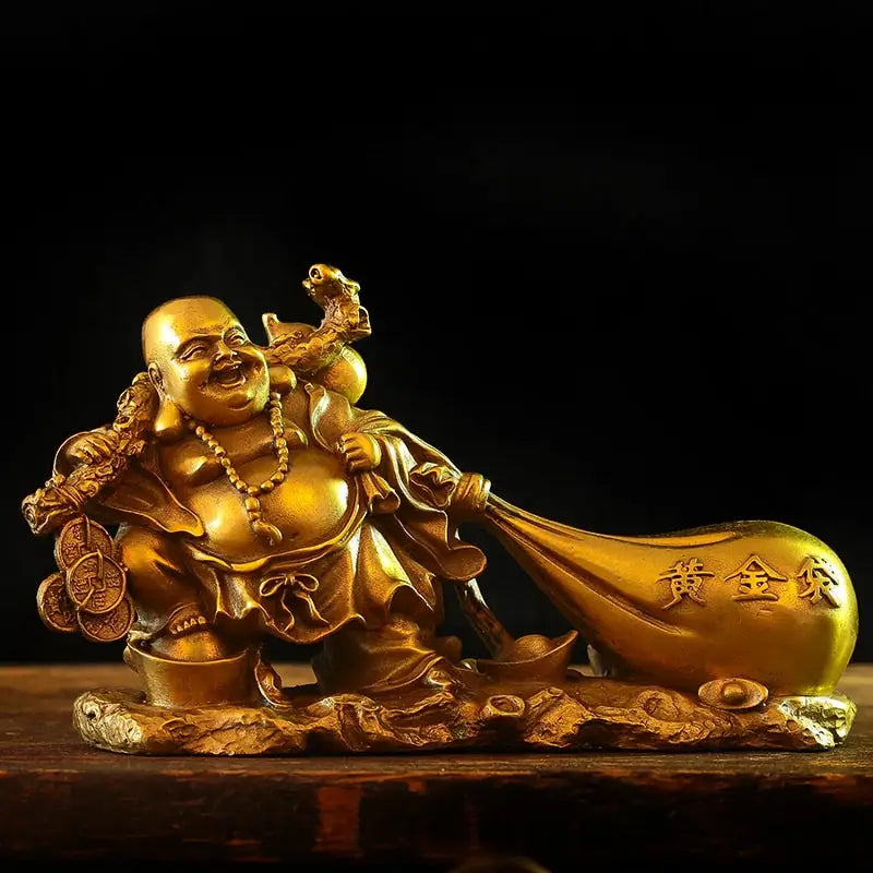 Laughing Buddha Statue with Gold Sack - Resin Hotei Figurine 10" | Buddhive