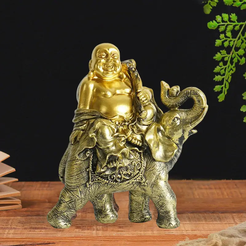 Laughing Buddha on Elephant Statue - Resin Figurine 7" - Feng Shui Good Luck Decor | Buddhive