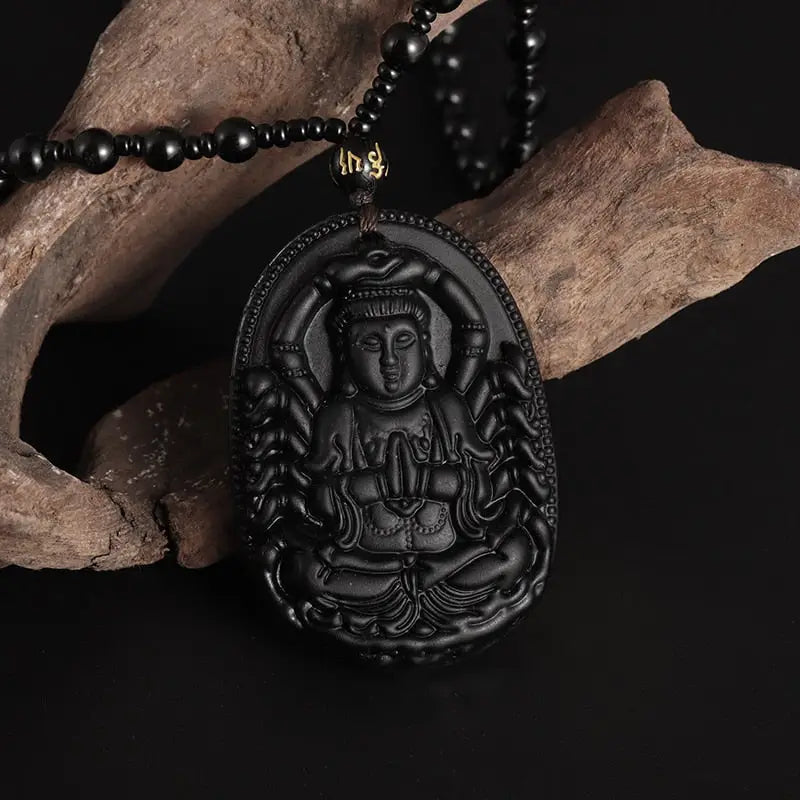 Obsidian Buddha Necklace Avalokiteshvara Pendant | Natural Stone Buddhist Jewelry | Buddhive