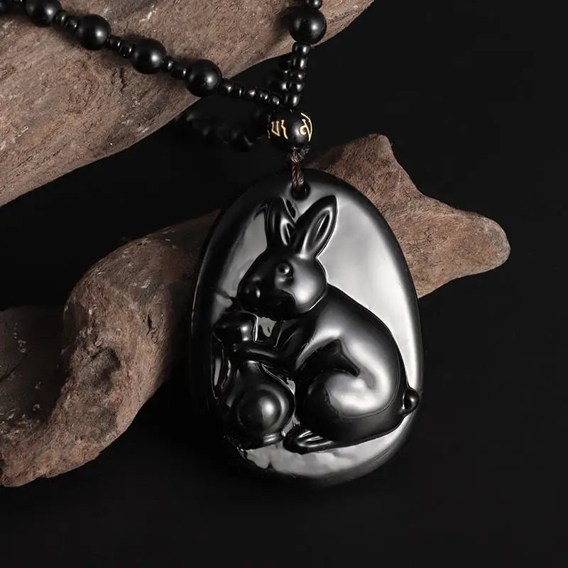 Buddhist Rabbit Necklace Black Obsidian Stone - Natural Gemstone Pendant | Buddhive