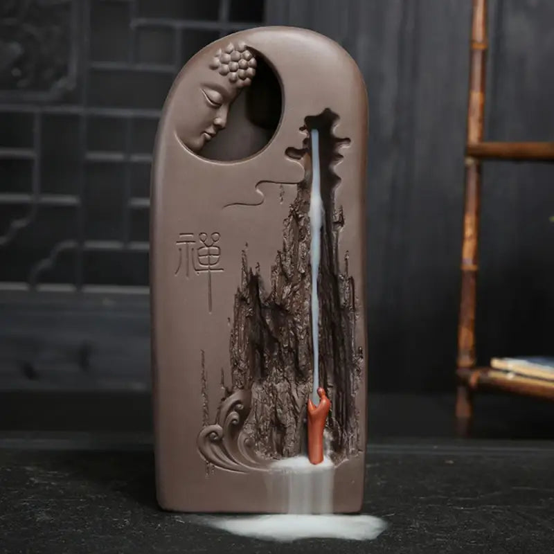 Incense Waterfall Buddha Mountain Ceramic Backflow Burner with Monk Figurine | Buddhive