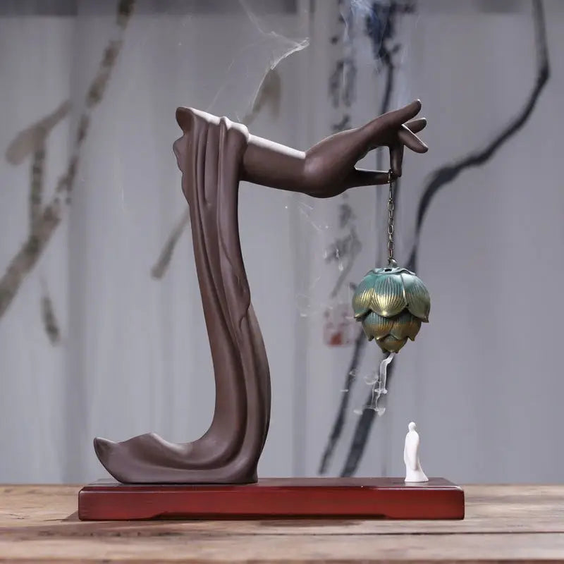 Buddhist Prayer Incense Waterfall Ceramic Fountain - Backflow Burner with Bodhisattva Design | Buddhive