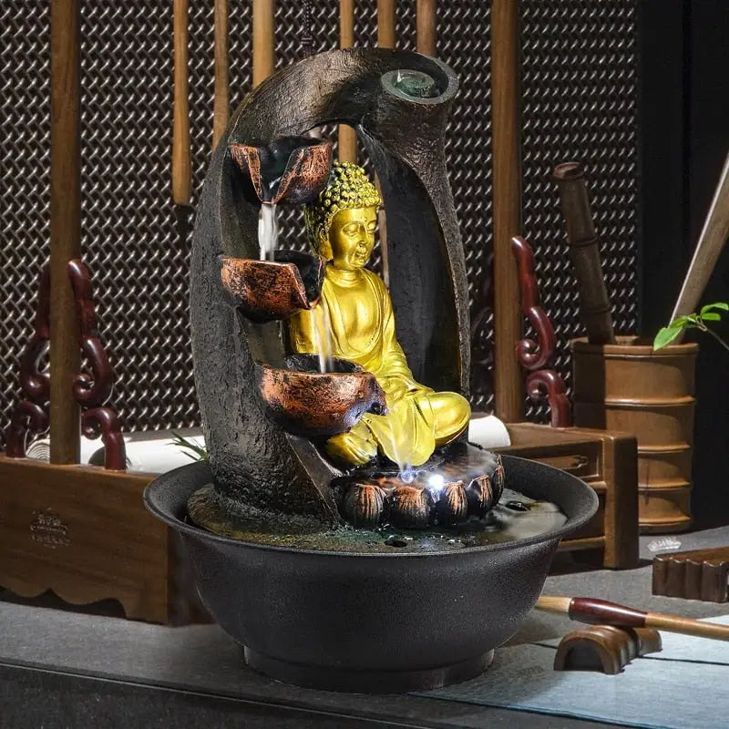 Golden Buddha Fountain with LED Lights - Tabletop Water Feature for Meditation & Zen Decor | Buddhive