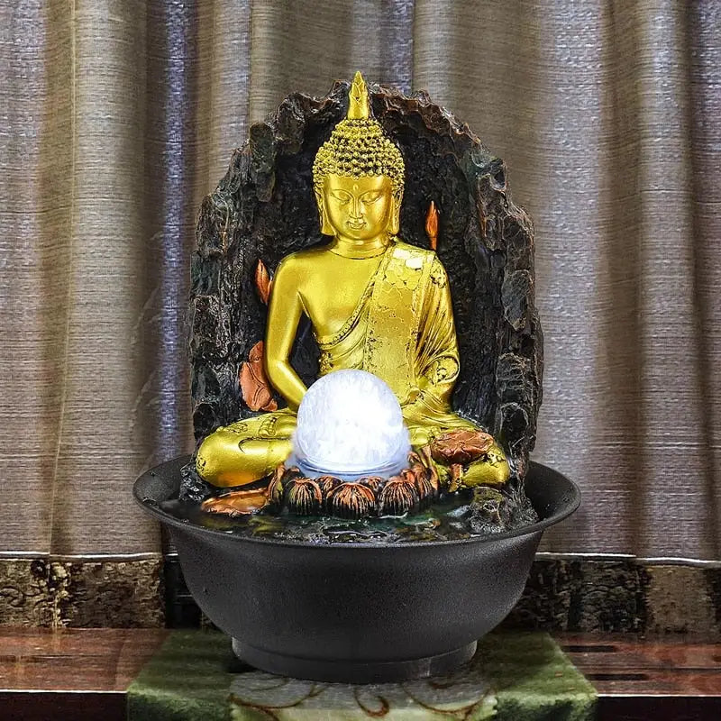 Golden Buddha Fountain with LED Lights - Tabletop Water Feature for Meditation & Zen Decor | Buddhive