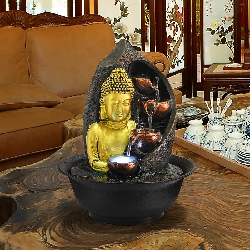Golden Buddha Fountain with LED Lights - Tabletop Water Feature for Meditation & Zen Decor | Buddhive