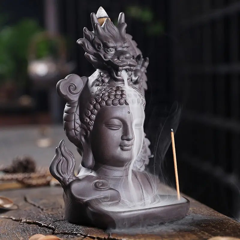 Incense Waterfall Buddha Dragon - Ceramic Backflow Burner with LED Light | Buddhive