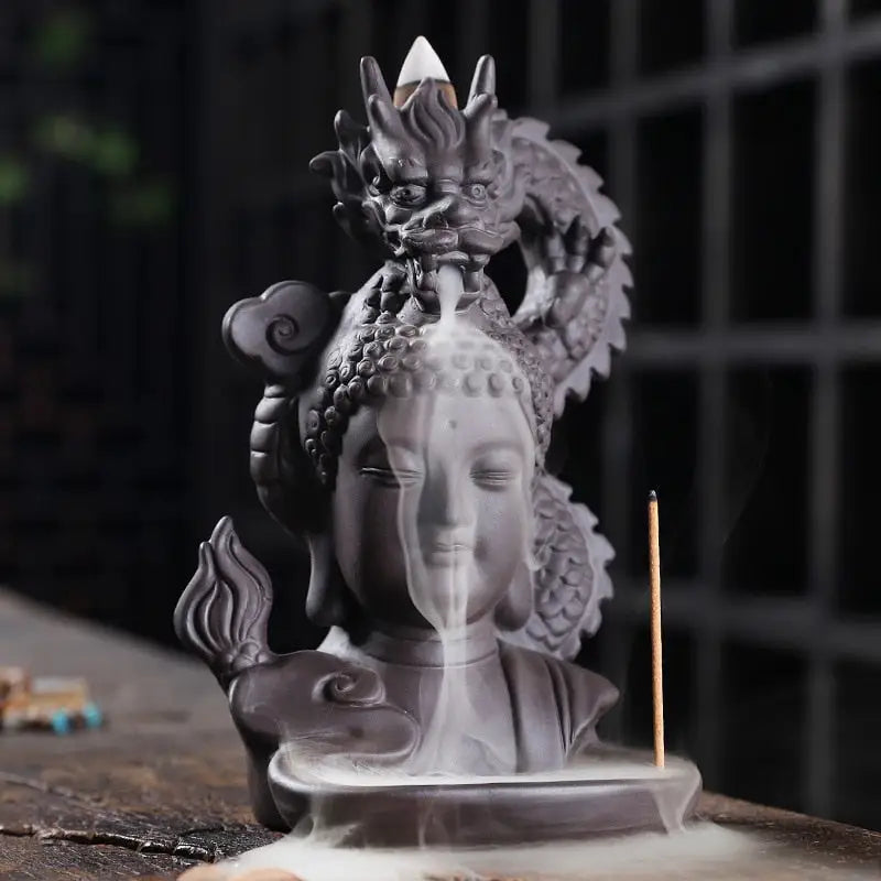 Incense Waterfall Buddha Dragon - Ceramic Backflow Burner with LED Light | Buddhive