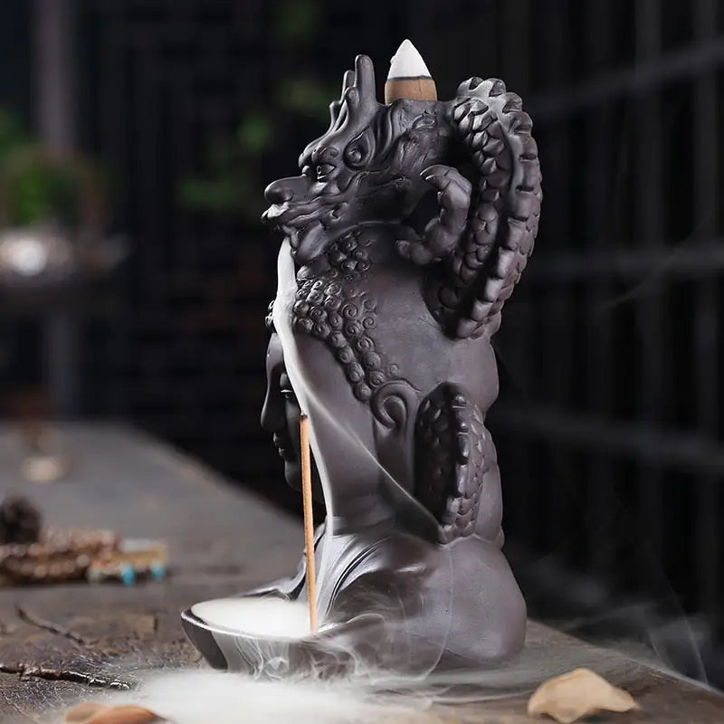 Incense Waterfall Buddha Dragon - Ceramic Backflow Burner with LED Light | Buddhive