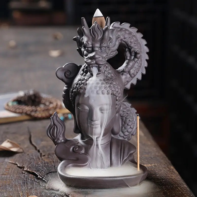 Incense Waterfall Buddha Dragon - Ceramic Backflow Burner with LED Light | Buddhive