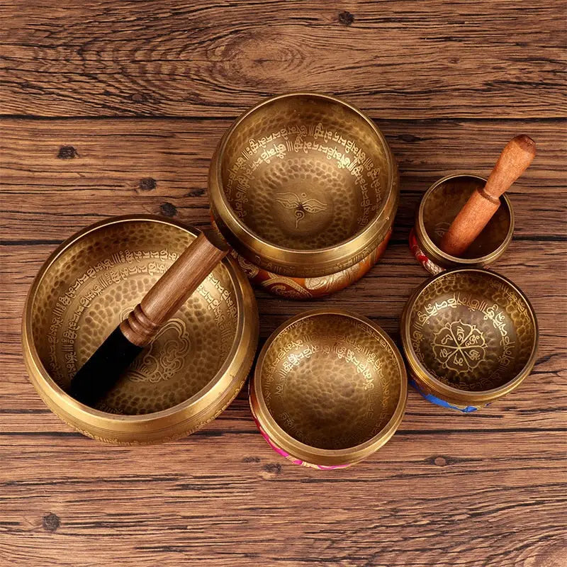 Tibetan Singing Bowl Set - Hand-Hammered Copper & Wood - 3-8 Inch Meditation Sound Therapy Bowl | Buddhive