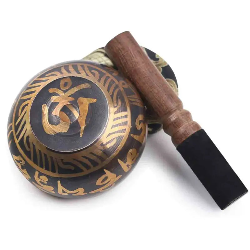 Tibetan Singing Bowl Small 3.1" Black & Gold - Hand Crafted Metal Bowl with Striker | Buddhive