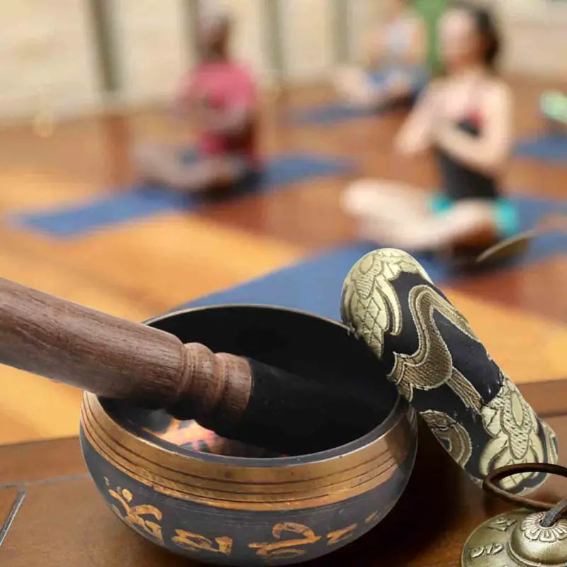 Tibetan Singing Bowl Small 3.1" Black & Gold - Hand Crafted Metal Bowl with Striker | Buddhive